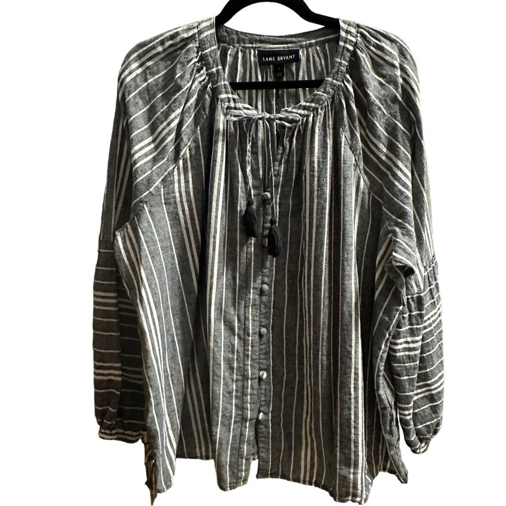 Lane Bryant sz 18 blue striped linen blend lagenlook boxy Boho tassel front top